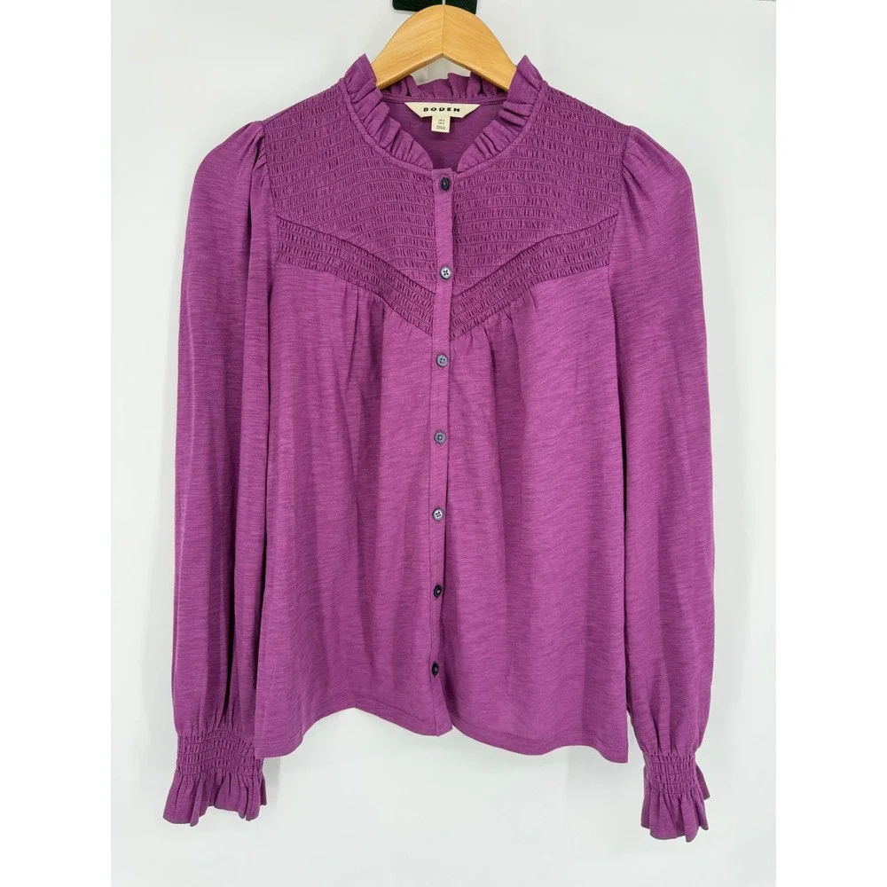 Boden Womens Purple Smocked Yoke Ruffle Button Front Blouse Top US 4 Modal Blend